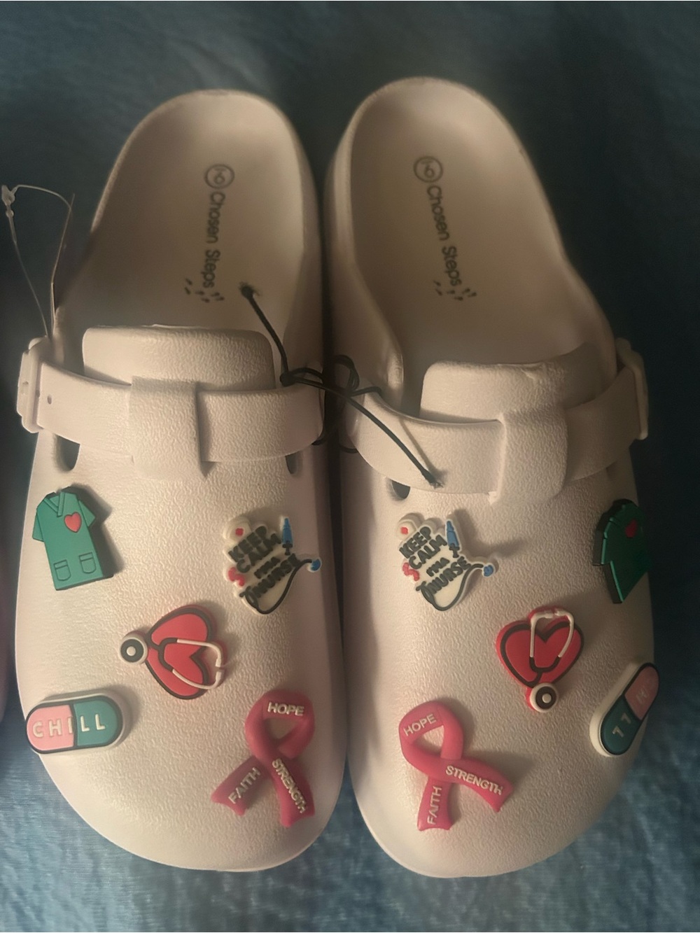 Source Unknown Cream Clog Mules with Medical-Themed Charms